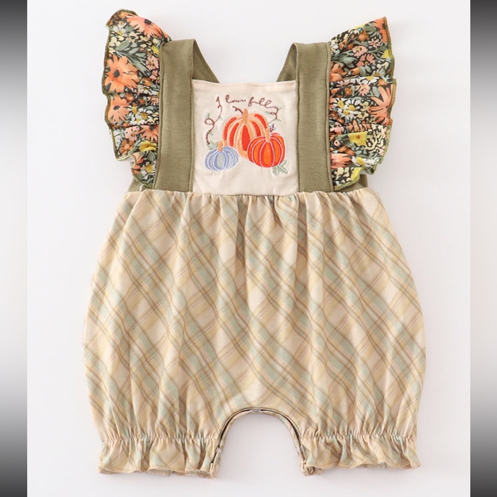 Coming Soon- Retro Green Embroidered Pumpkin Romper
